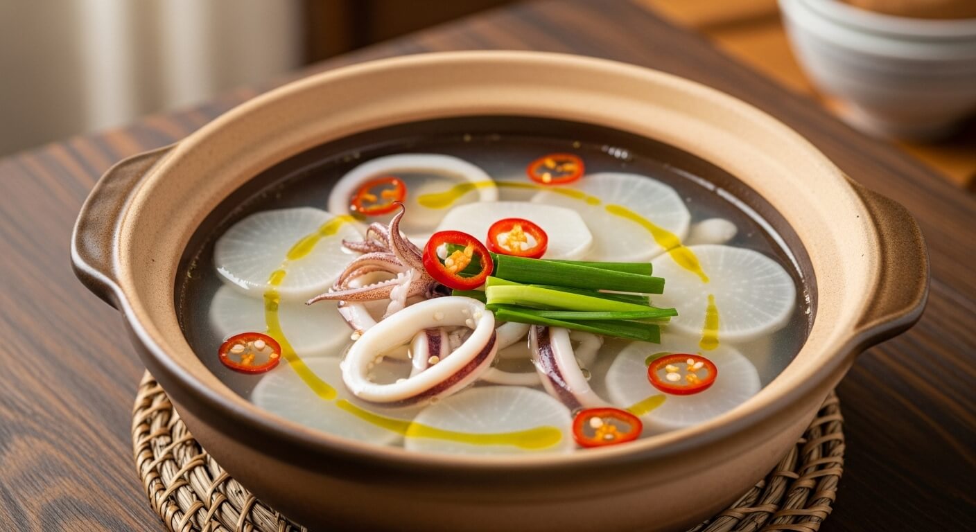 붉은 고추와 파란 파로 색감을 더한, 뚝배기에 정갈하게 담긴 맑은 오징어무국