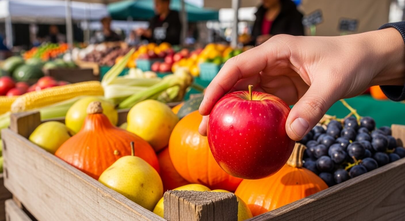 활기찬 농산물 시장에서 손으로 신선하고 잘 익은 빨간 사과를 고르는 모습