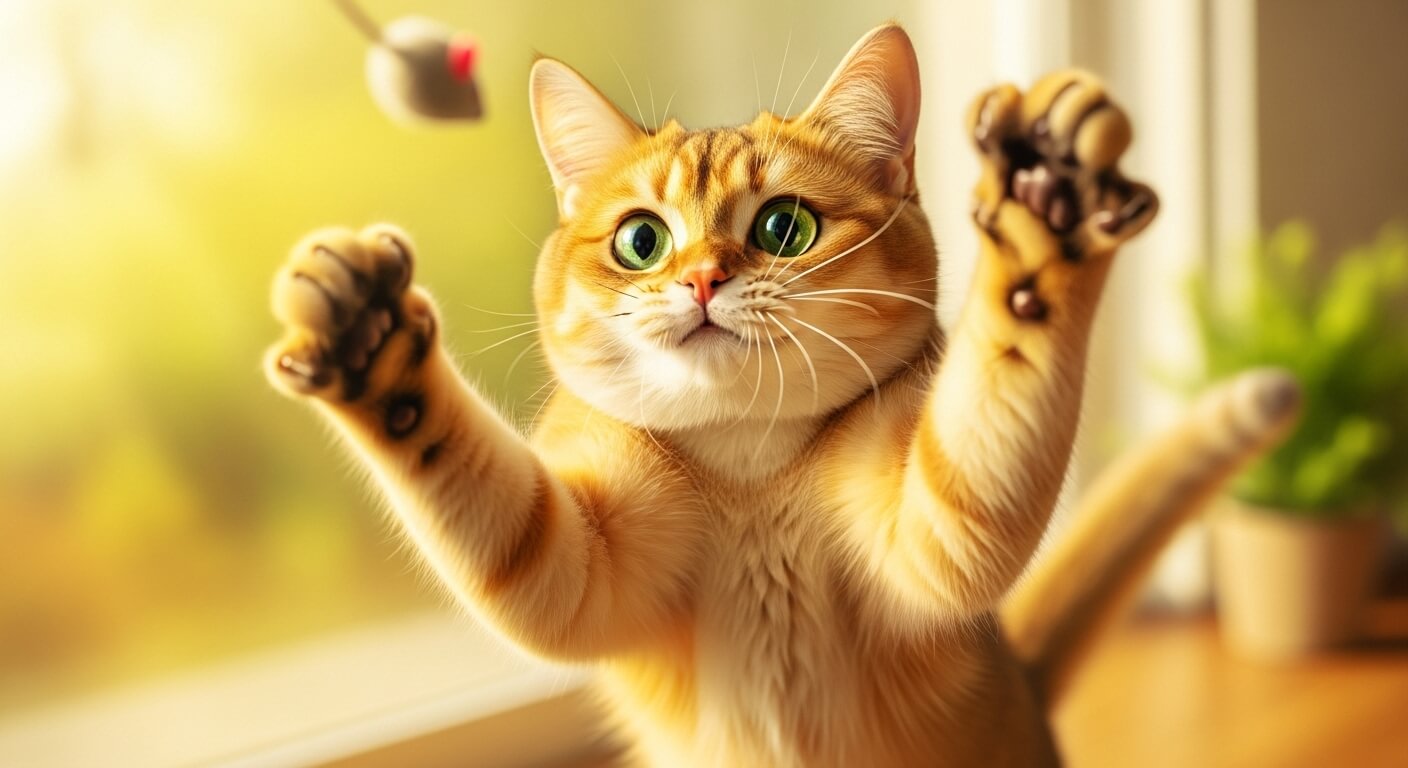 밝은 햇살 아래서 하얀 고양이 한 마리와 황금색 고양이 한 마리가 장난치며 노는 모습