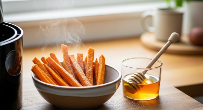 노릇하게 잘 익은 에어프라이어 고구마 스틱에 시나몬 가루와 꿀을 곁들인 모습