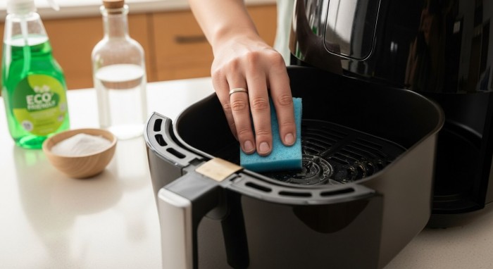 베이킹소다와 식초를 묻힌 천으로 에어프라이어 내부를 깨끗하게 닦아내는 모습