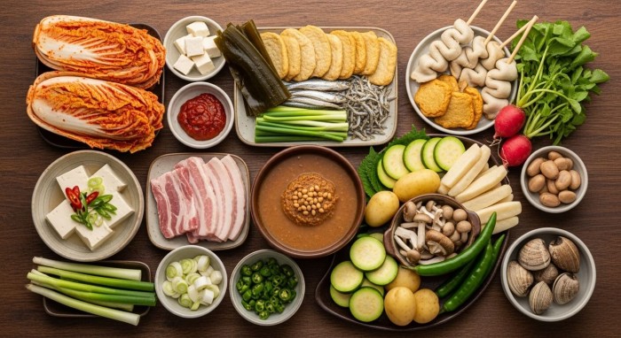 김치찌개, 어묵탕, 된장찌개 등 국물 요리별 재료 투입 순서와 시간 관리를 나타내는 시각적인 타이밍 가이드