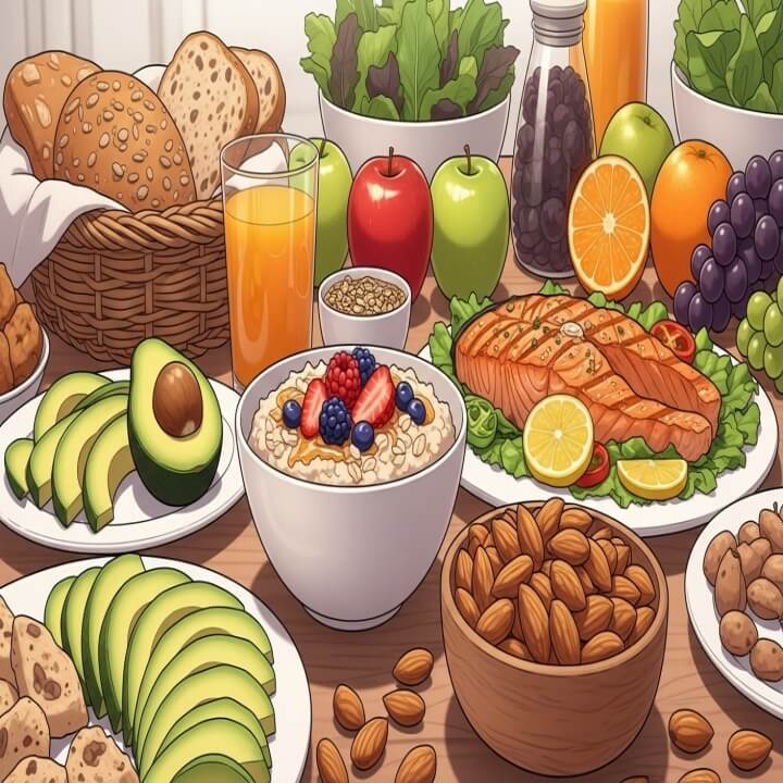 오트밀, 아몬드, 연어, 아보카도 등 콜레스테롤 낮추는 음식이 식탁에 차려진 모습