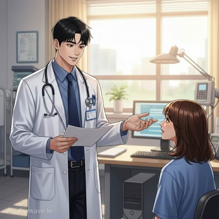 의사에게 고지혈증 약물 처방 상담을 받고 있는 환자의 모습, 긍정적인 표정