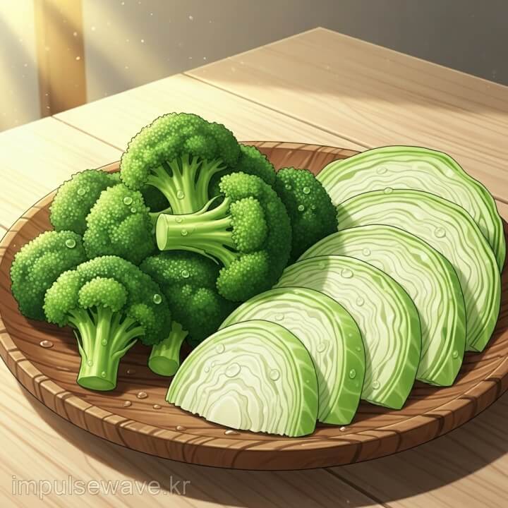 신선한 초록색 브로콜리와 잘라진 양배추가 접시에 담겨 있는 건강한 식단