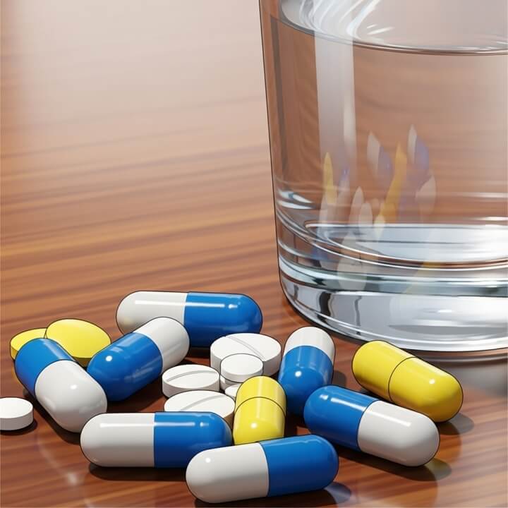 약 포장지에 담긴 다양한 색깔의 항생제 알약들과 물 한 컵, 제균 치료