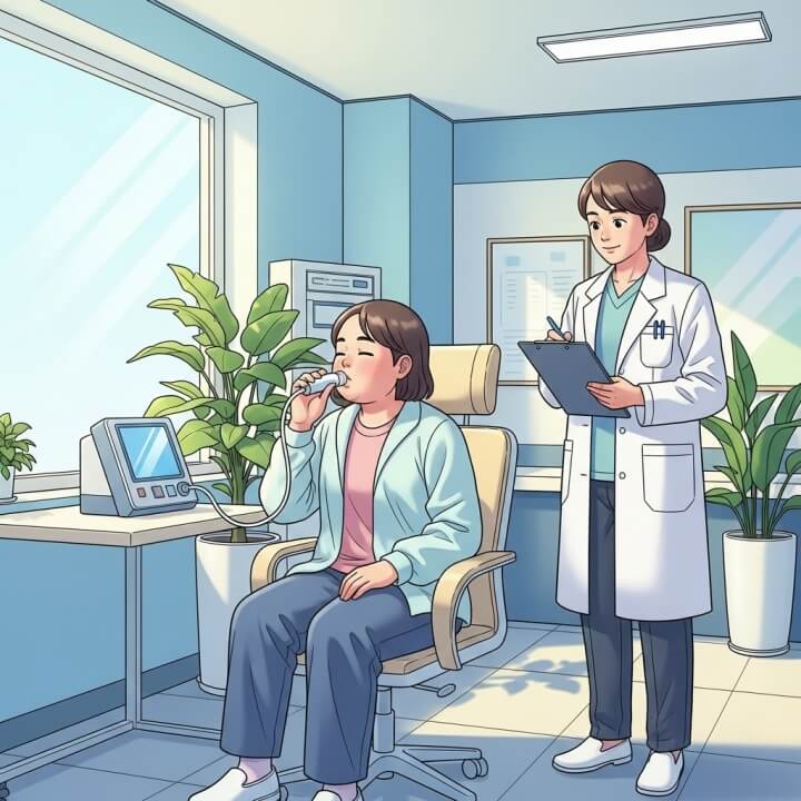 병원에서 편안하게 앉아 튜브에 숨을 불어넣는 요소 호기 검사 장면
