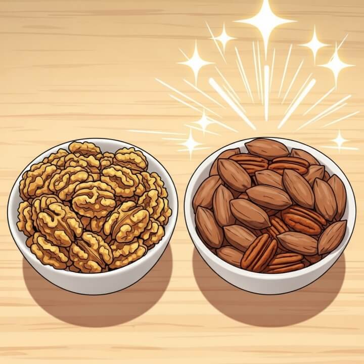 호두와 피칸을 비교하는 인포그래픽, 피칸 쪽이 더 부드럽고 항산화 수치가 높음을 강조