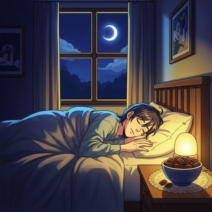 편안하게 깊은 잠에 든 사람의 모습과 침대 옆 테이블에 놓인 피칸 그릇, 밤 배경