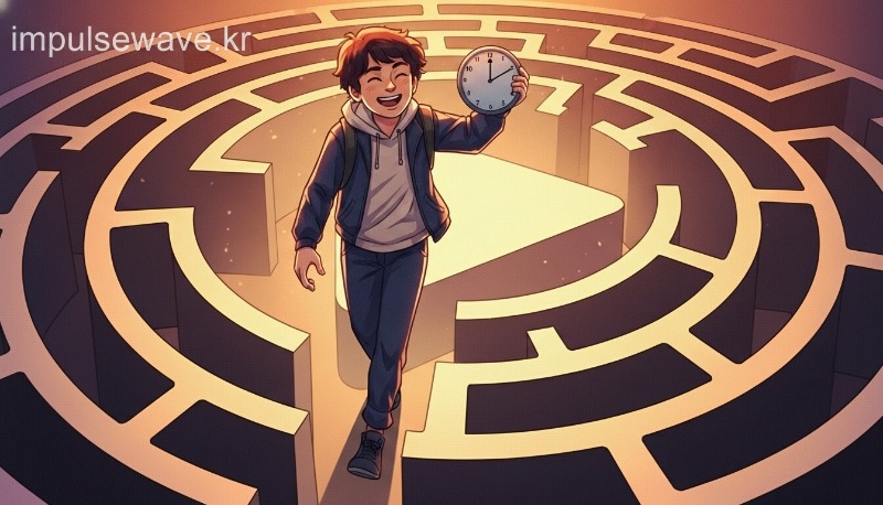 유튜브 로고가 그려진 미로에서 빠져나오는 사람의 모습, 알고리즘 중독에서 벗어나 시간의 주도권을 찾음