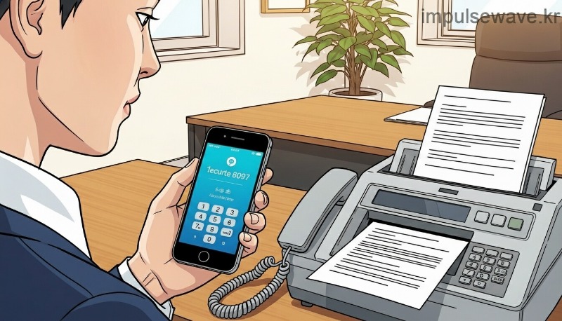 스마트폰으로 전송된 가상 팩스 번호를 확인하고 팩스 기계로 서류를 넣는 장면