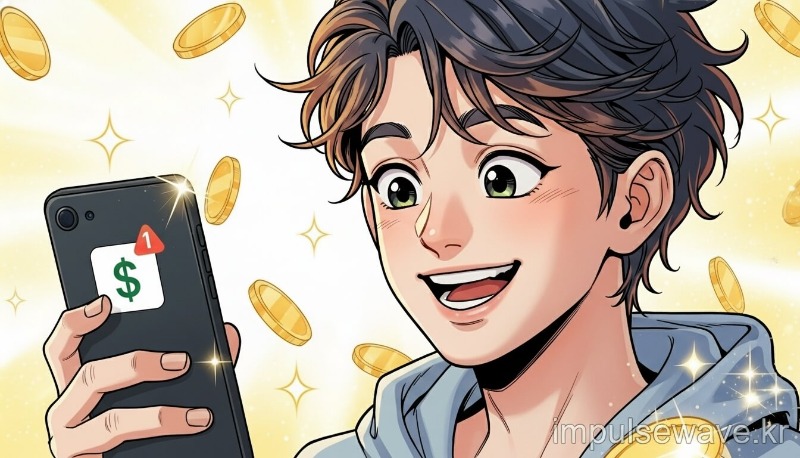 스마트폰 화면에 뜬 보험금 입금 알림 메시지를 보고 환하게 웃으며 기뻐하는 사람