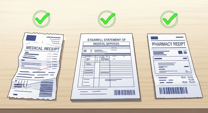 진료비 영수증, 진료비 세부 내역서, 약제비 영수증이 나란히 놓여 있고 체크 표시가 된 인포그래픽