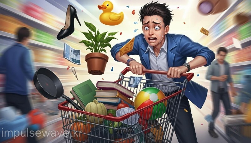 필요 없는 물건을 카트에 무질서하게 쓸어 담으며 불안해 보이는 모습, 과소비