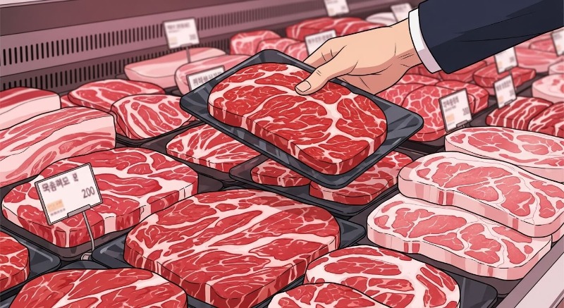정육 코너에서 신선한 붉은색 소고기와 돼지고기를 고르는 손, 풍요로움을 상징
