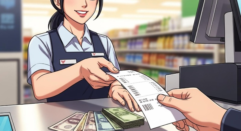 계산대에서 지갑을 열어 돈을 지불하고 영수증과 거스름돈을 받는 장면
