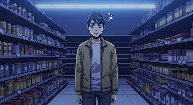 텅 빈 마트 진열대를 바라보며 당황하는 표정의 사람, 물건이 하나도 없음