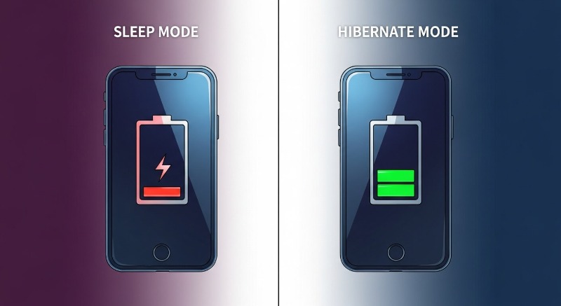 노트북 절전 모드와 최대 절전 모드의 배터리 소모량을 비교하는 인포그래픽, 최대 절전 모드가 배터리 소모 적음