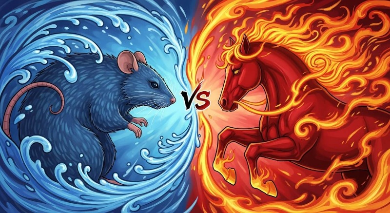 물을 상징하는 파란색 쥐와 불을 상징하는 붉은색 말이 역동적으로 마주 보고 있는 일러스트, 음양의 조화