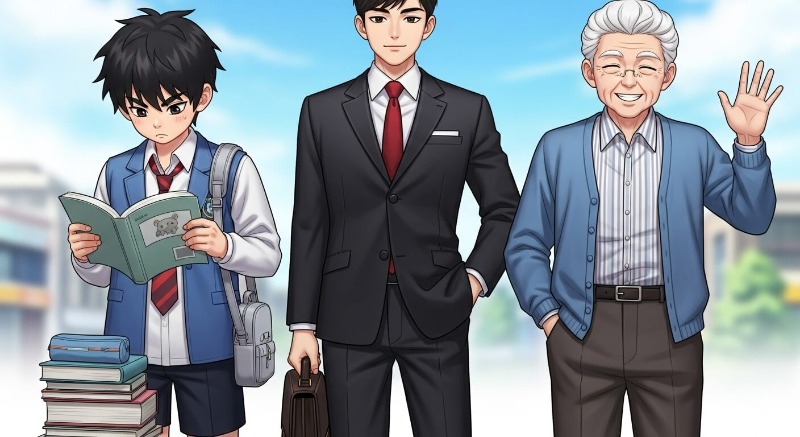 10대 수험생, 30대 직장인, 60대 은퇴자가 각자의 위치에서 활기차게 생활하는 모습의 콜라주