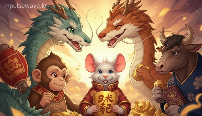 쥐띠를 도와주는 용, 원숭이, 소 캐릭터가 함께 어우러져 있는 행운의 부적 같은 이미지