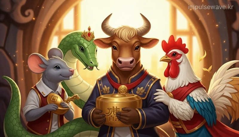 소띠 주변에 쥐, 뱀, 닭 캐릭터가 친구처럼 모여 있는 따뜻하고 행운 가득한 이미지