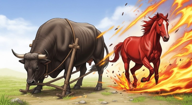 묵묵히 일하는 소와 활기차게 뛰어다니는 붉은 말이 대비되는 모습, 갈등과 조화의 이중성