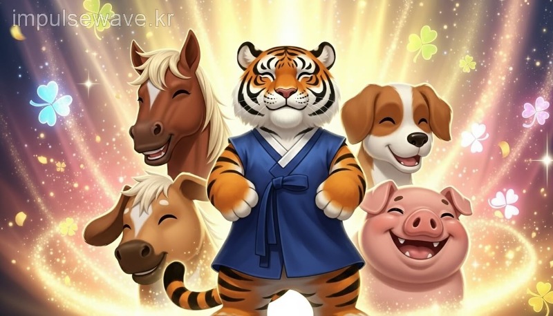 호랑이띠 주변에 말, 개, 돼지 캐릭터가 함께 어우러져 있는 따뜻하고 행운 가득한 부적 이미지