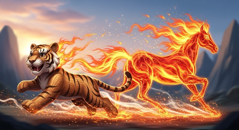 나무(호랑이)가 불(말)을 만나 거대한 불꽃을 일으키는 형상, 상승하는 에너지 그래프