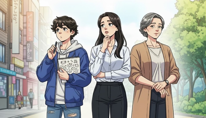 공부하는 10대, 직장에서 고민하는 20대, 중년의 리더 등 토끼띠의 세대별 다양한 모습을 담은 콜라주