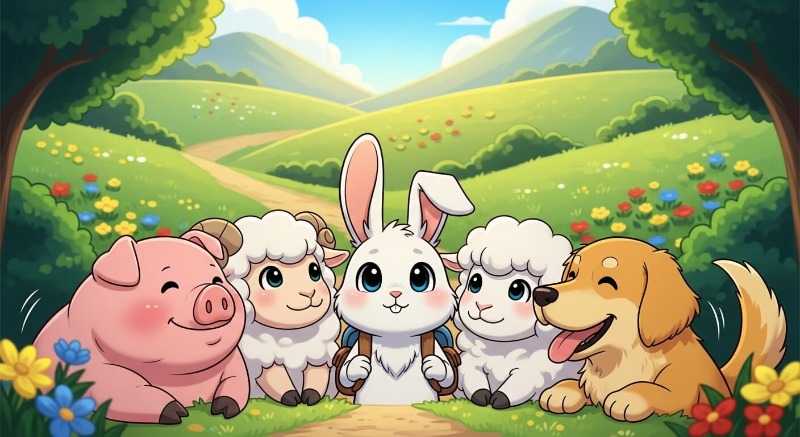 토끼띠 주변에 돼지, 양, 개 캐릭터가 친구처럼 어울려 있는 평화롭고 따뜻한 이미지