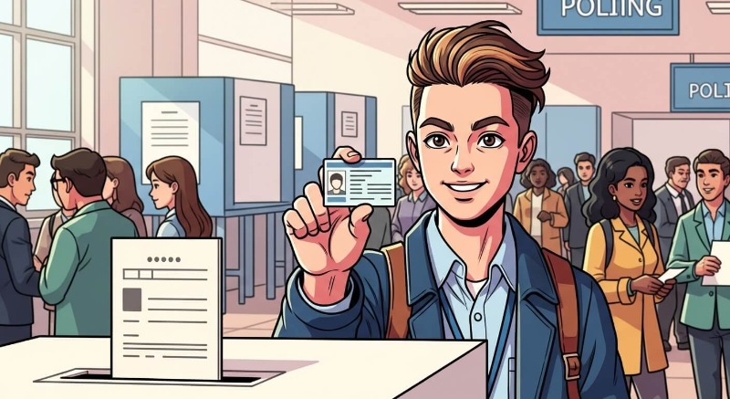 투표소 앞에서 신분증을 제시하며 선거권을 행사하는 만 18세 유권자의 당당한 모습