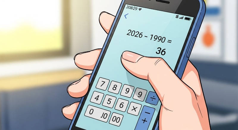 스마트폰 계산기 앱을 켜고 현재 연도에서 출생 연도를 빼는 손가락 동작 클로즈업