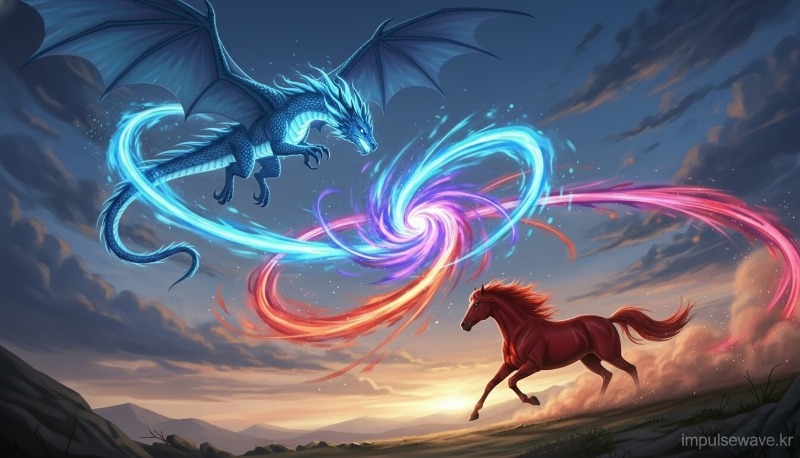 하늘을 나는 용과 땅을 달리는 붉은 말이 서로 에너지를 주고받는 역동적인 일러스트