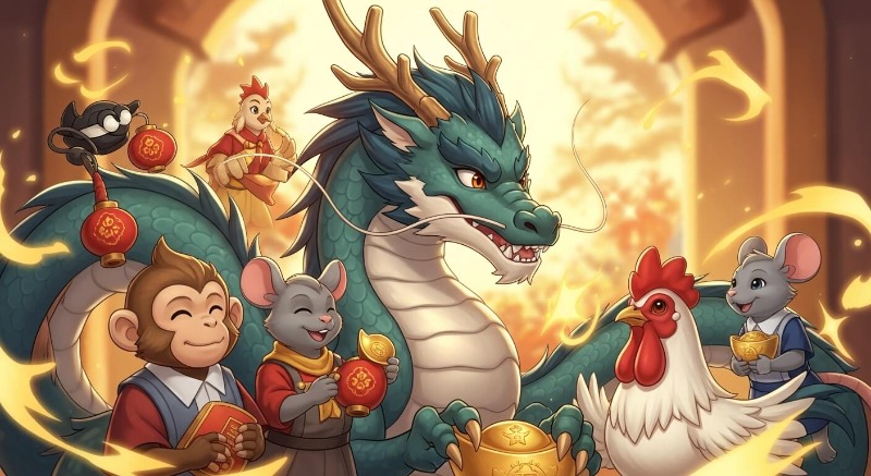 용띠 주변에 원숭이, 쥐, 닭 캐릭터가 귀인처럼 모여 있는 신비롭고 행운 가득한 이미지