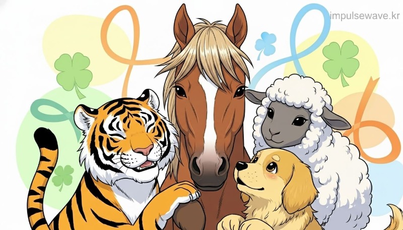 소띠 주변에 쥐, 뱀, 닭 캐릭터가 친구처럼 모여 있는 따뜻하고 행운 가득한 이미지