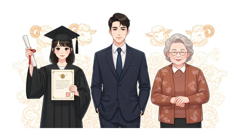 취업에 성공한 청년, 여유로운 중년, 행복한 노후를 보내는 어르신 등 양띠의 세대별 성공적인 모습