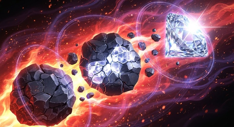 뜨거운 불 속에서 단단한 금속 원석이 반짝이는 보석으로 변하는 예술적인 이미지