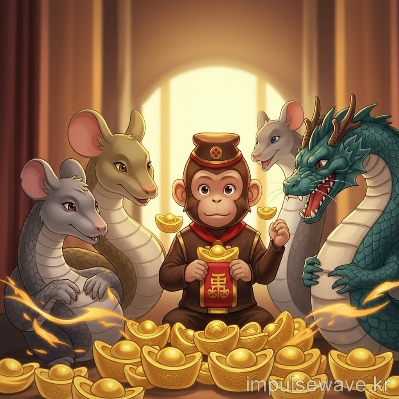 원숭이띠 주변에 뱀, 쥐, 용 캐릭터가 친구처럼 어우러져 있는 따뜻하고 행운 가득한 이미지