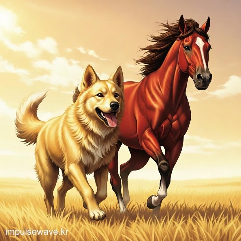 개와 말이 서로 어깨동무를 하고 달려가는 다정한 모습, 협력과 상생을 상징