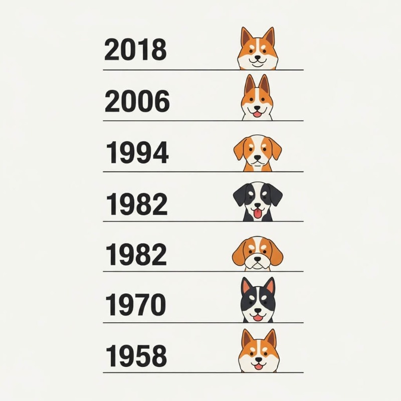 1934년생부터 2018년생까지 개띠의 출생년도와 2026년 기준 나이가 정리된 깔끔한 인포그래픽