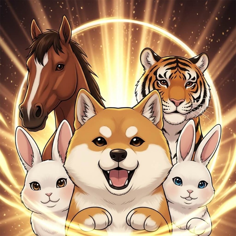 개띠 주변에 말, 호랑이, 토끼 캐릭터가 친구처럼 어우러져 있는 따뜻하고 행운 가득한 이미지