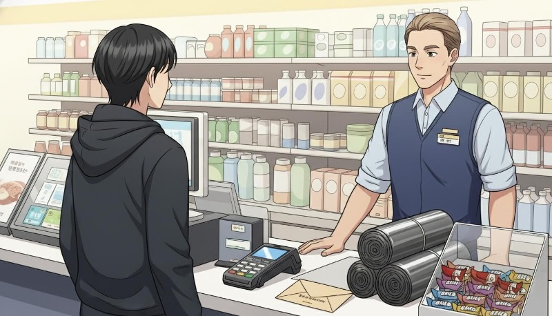 편의점 계산대에서 물건을 산 후 재사용 종량제봉투에 담아가는 사람의 모습