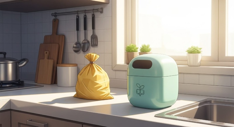 주방 선반 위에 놓인 소형 음식물 쓰레기 봉투(노란색)와 깔끔한 음식물 쓰레기통