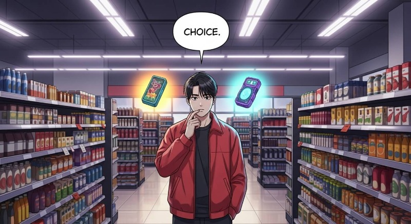화려한 진열대 앞에서 두 개의 물건을 들고 진지하게 고민하는 사람, 선택의 기로 표현
