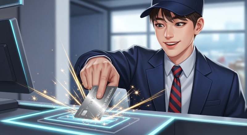 계산대에서 환한 미소를 지으며 신용카드로 결제하는 모습, 성공적인 계약과 완결 상징