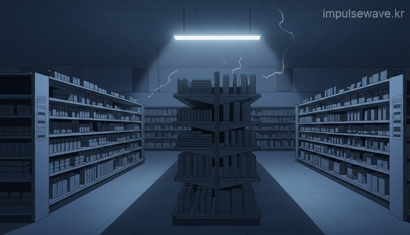 진열대가 텅 비어 있고 어두운 조명이 비치는 차가운 마트 복도의 풍경, 주의 신호