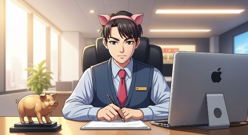 신뢰감 있는 분위기에서 업무를 처리하는 성실한 돼지띠 직장인의 모습, 책 위에 놓인 황금 돼지 저금통
