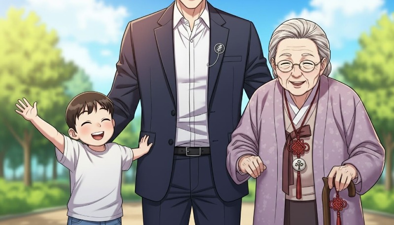 돼지, 토끼, 양 캐릭터가 서로 어깨동무를 하며 즐거워하는 모습, 삼합의 평화로운 분위기