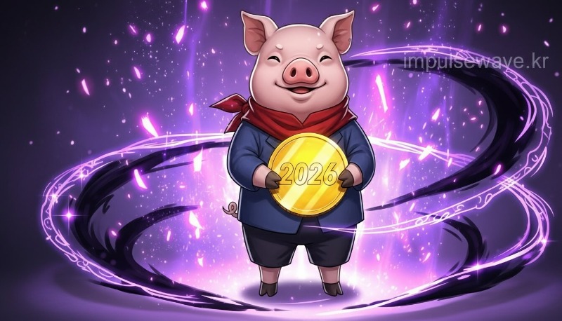 돼지띠에게 행운을 가져다주는 보라색과 검은색 기운, 2026년 숫자가 새겨진 큰 황금 동전을 든 돼지 캐릭터